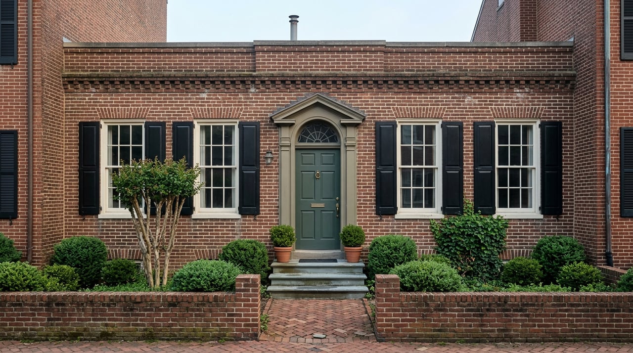 Red-brown brick rowhouse with a green central door, paired shuttered windows, and a small boxwood garden.