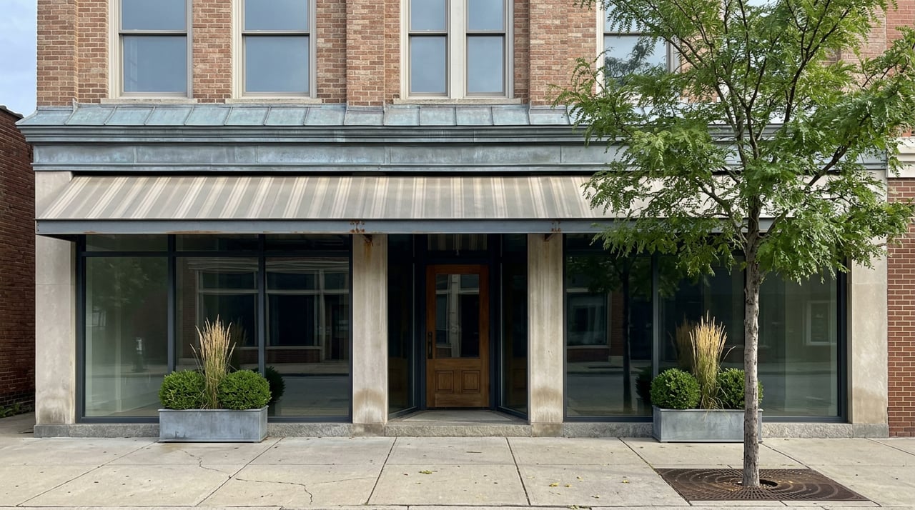 Two-story brick storefront with a canvas awning, upper-floor windows, and a honeylocust tree in the sidewalk.