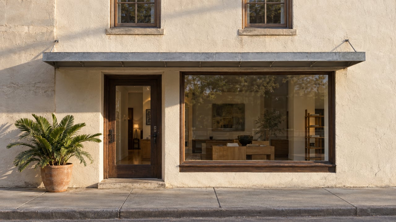 Aged ivory-stucco facade with two sash windows, a recessed wood-and-glass door, storefront pane, and potted palm.