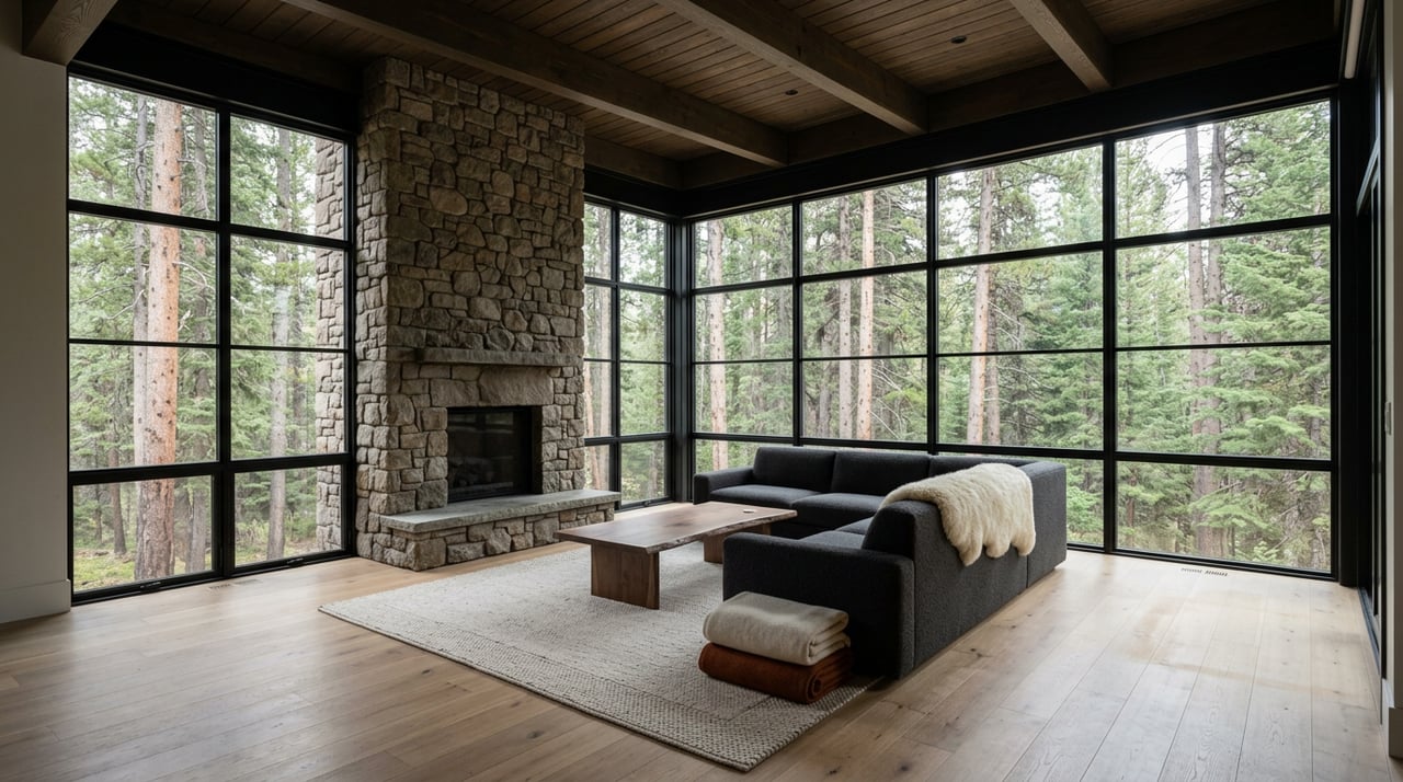 Mountain great room with a stone fireplace, timber beams, and pine trees beyond steel-framed windows.