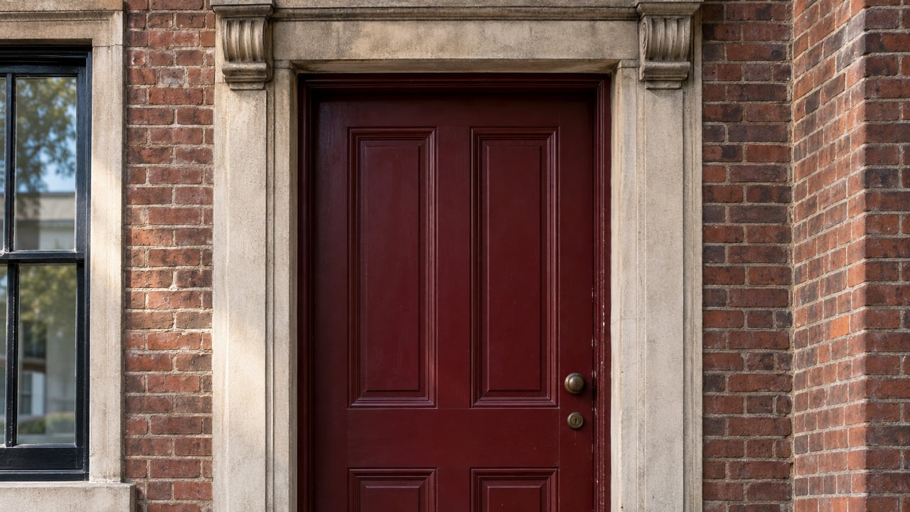 Oxblood paneled townhouse door in a carved limestone surround, above worn granite steps.