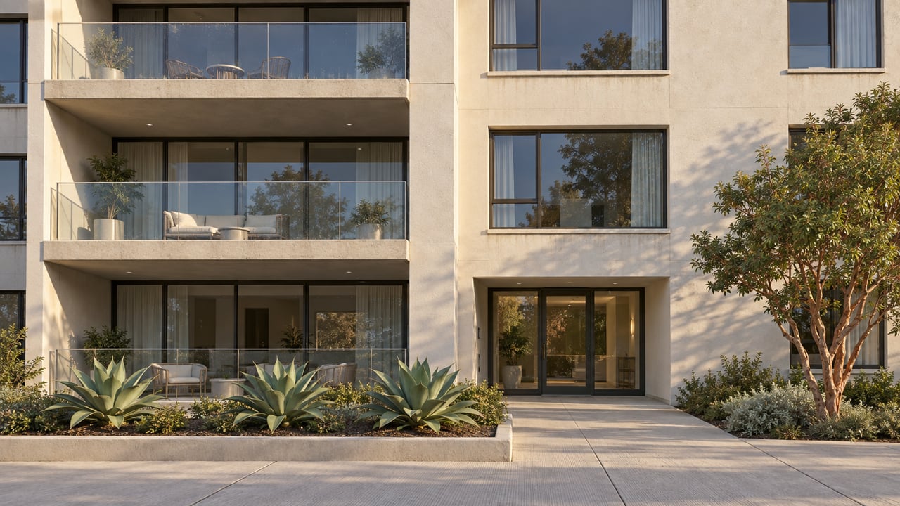 Condominium facade with stacked glass balconies, recessed windows, enclosed entry, and agaves in a raised bed.
