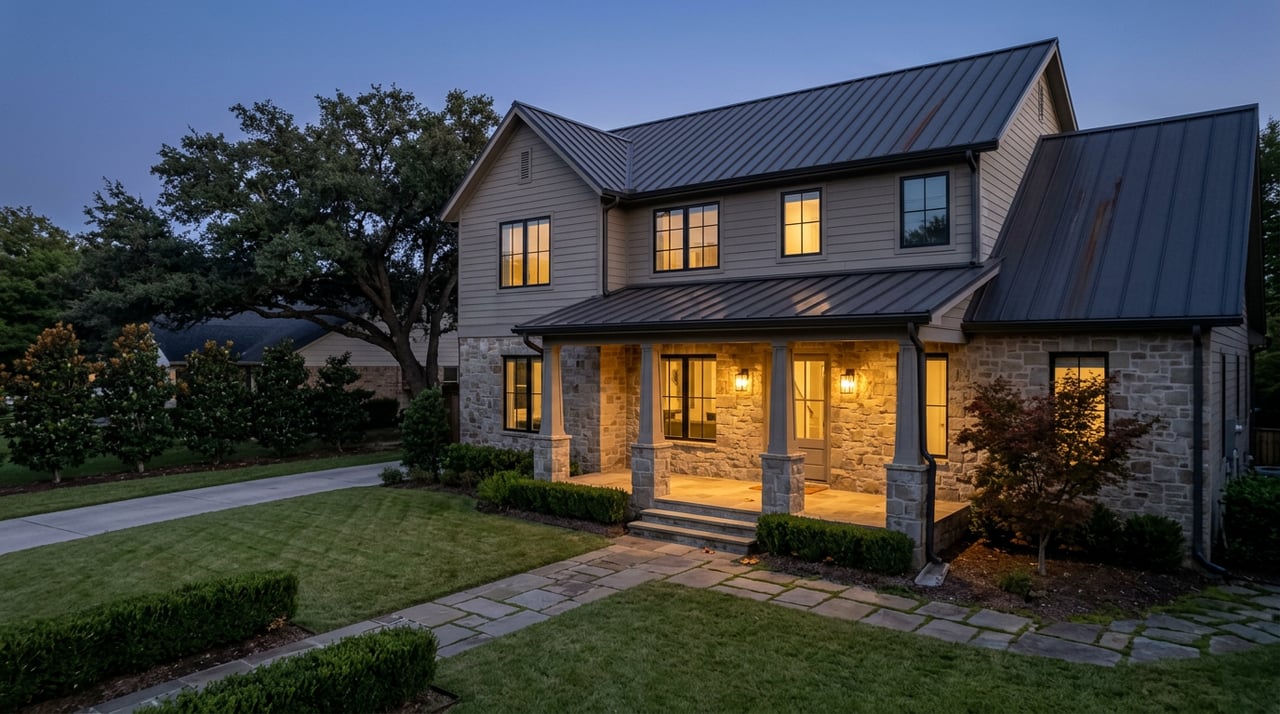 Two-story stone-and-siding home at dusk, with warm porch lights, a flagstone walk, and a Japanese maple.