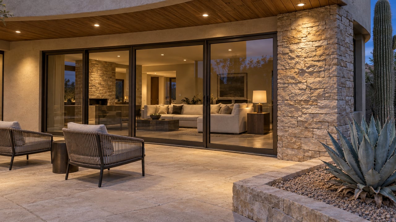 Covered patio with timber soffit, warm illuminated glass living room, buff stone pier and blue-gray agave in a gravel bed.