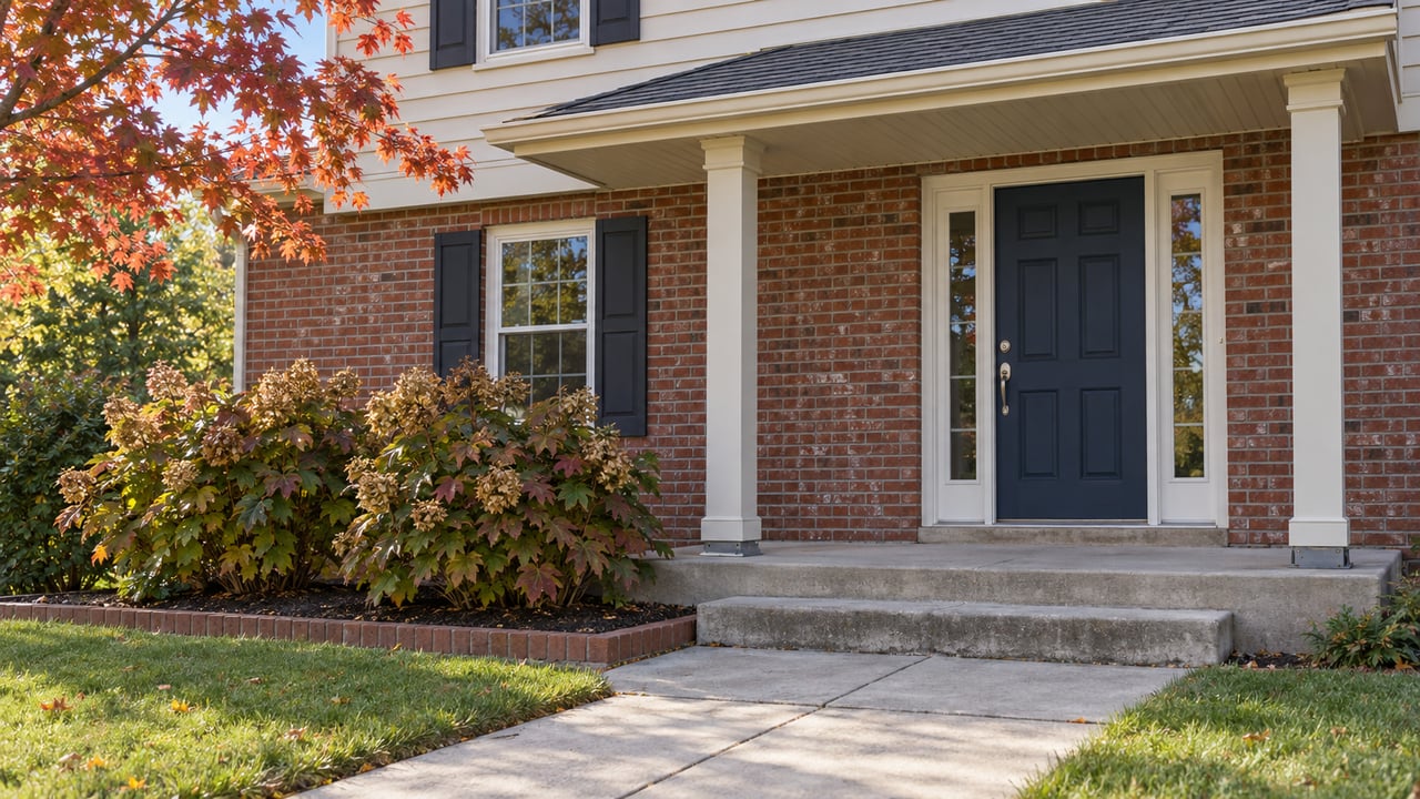 Brick and cream-sided house entrance with a navy door, concrete steps and autumn oakleaf hydrangeas.