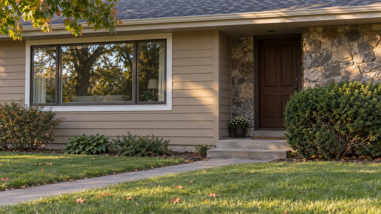 Tan ranch house with a recessed stone entry, dark door, and concrete walk across a broad lawn.