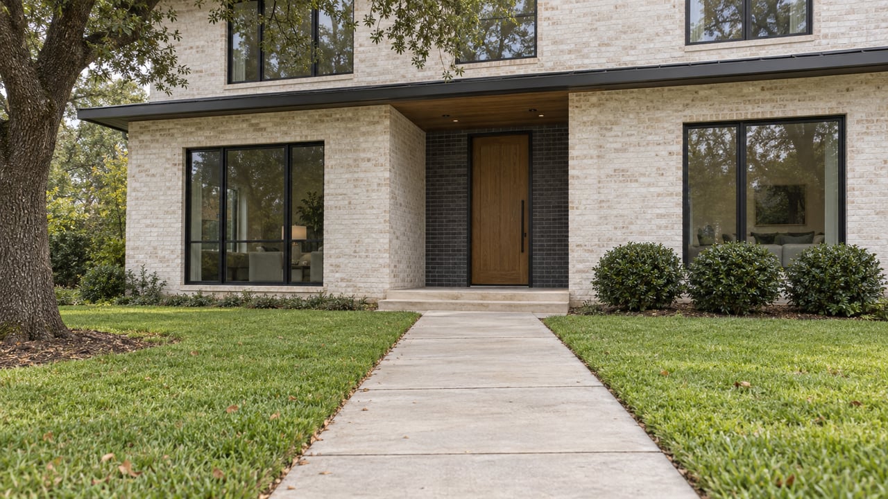 Cream brick house with a recessed oak door, black-framed windows, and a long concrete walk through broad lawn.