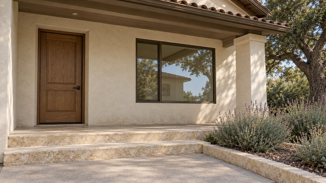 Covered stucco home entry with an oak door, bronze-framed window, limestone steps and dry-climate planting.