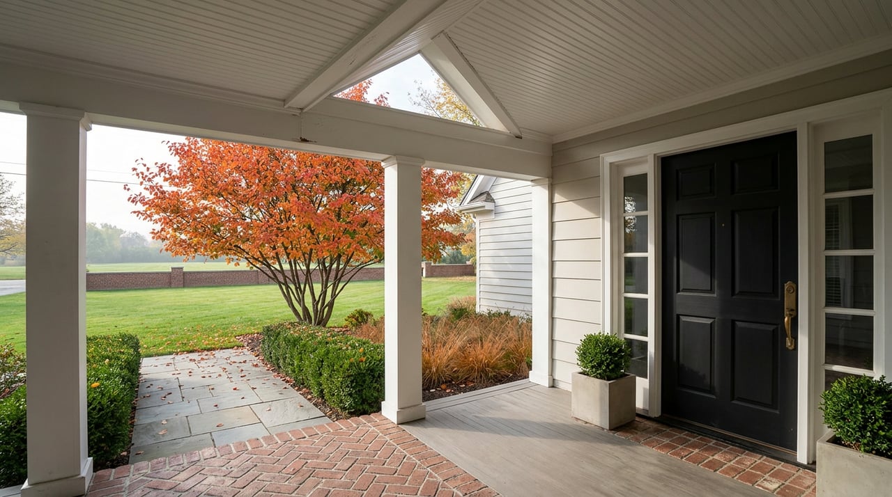 Front porch with a black paneled door, herringbone brick floor, and orange-red serviceberry beyond the lawn.