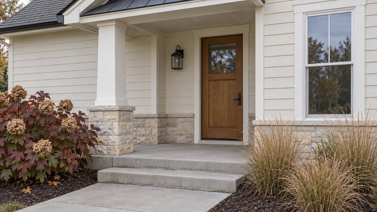 Covered entry of a light-sided home with an oak front door, limestone base, concrete steps and burgundy autumn hydrangea.