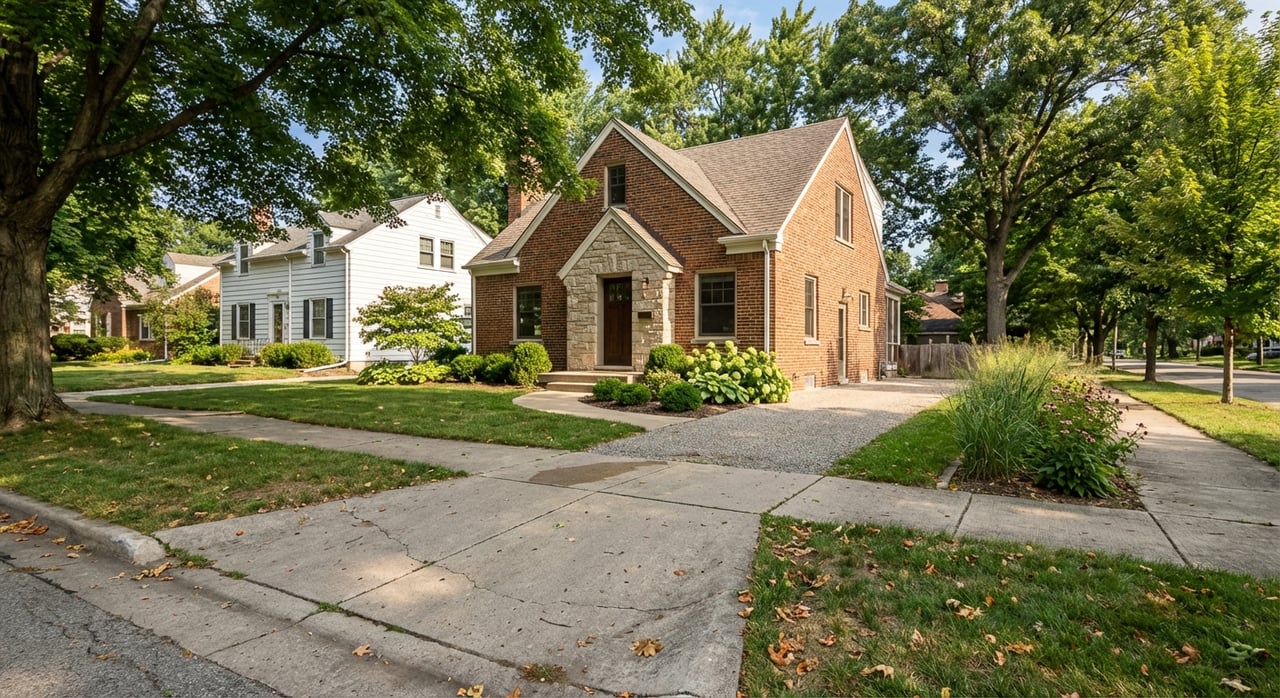 Small-town residential street lined with traditional brick houses beneath mature trees.