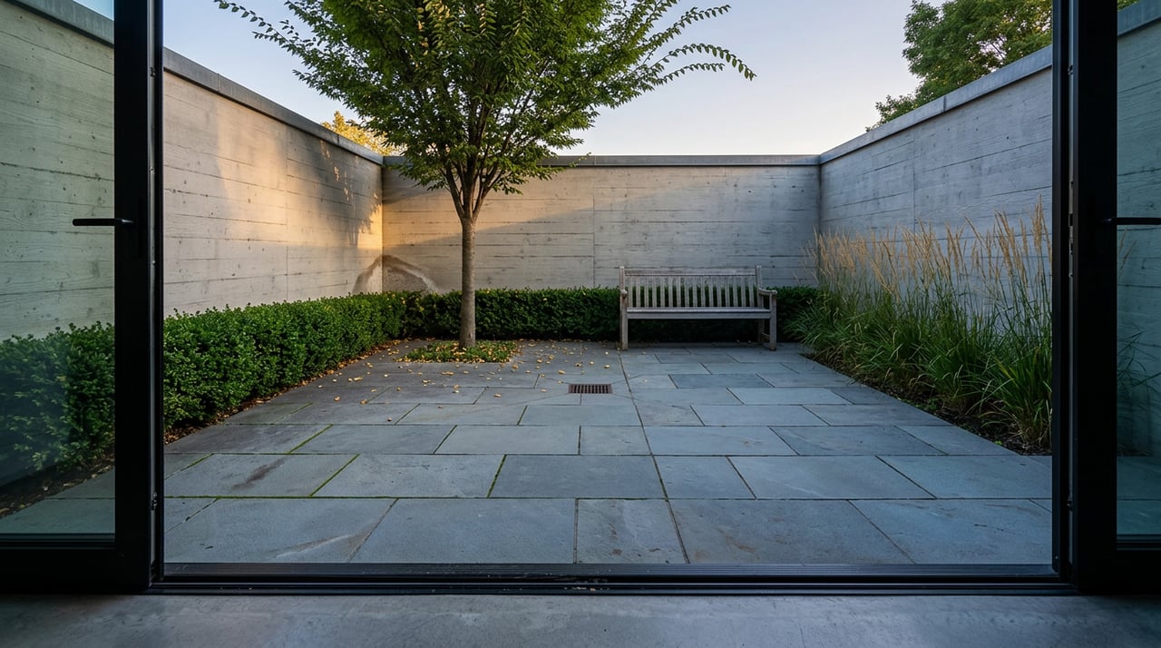 Bluestone courtyard with a yellow-leaved tree, teak bench, and clipped hedge beside a concrete wall.