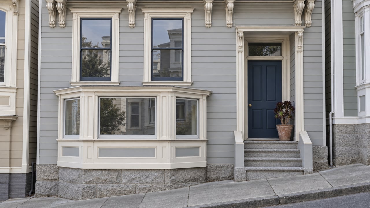 Painted timber house with tall sash windows, a projecting bay and a recessed blue door above worn granite steps on a sloping sidewalk.