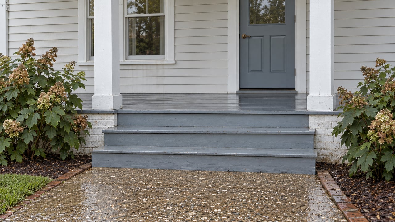 A raised porch entrance with pale timber siding, a blue-gray door, weathered wooden steps, shell-aggregate paving and oakleaf hydrangeas.