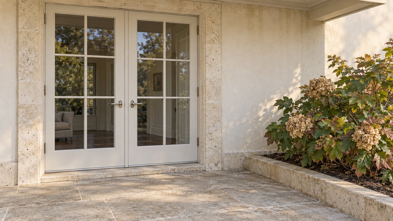 Closed multipane French doors in a pale limestone and cream stucco facade, opening onto a weathered stone terrace beside an oakleaf hydrangea.