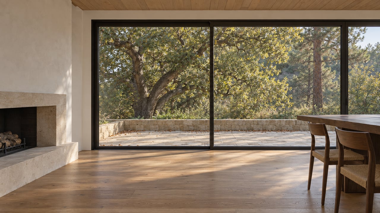 Living room with oak floors and black-framed glass doors opening onto a sandstone terrace beneath mature trees.