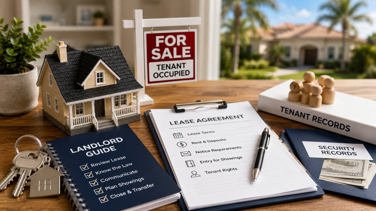 Illustration of a tenant-occupied home for sale with a lease agreement, landlord documents, security deposit records, house keys, and a Florida home representing the process of selling a tenant-occupied rental property in Southwest Florida.