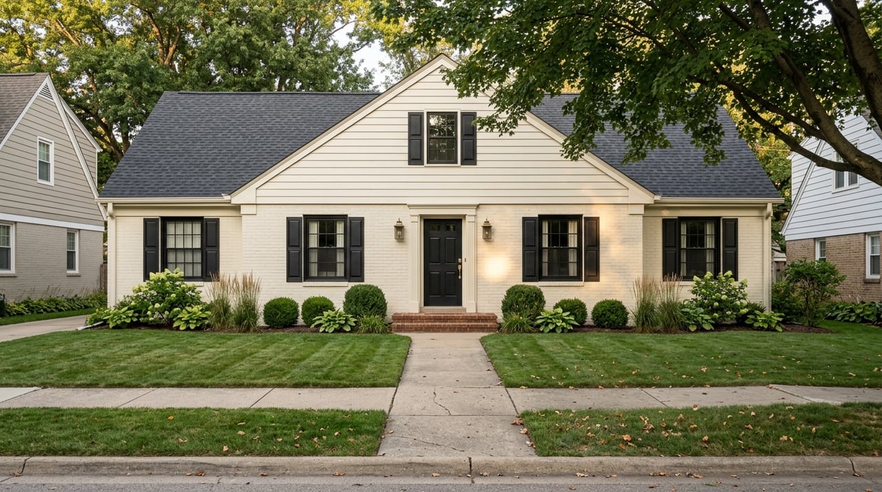 A sidewalk leads toward a two-story traditional facade beneath a mature tree canopy.