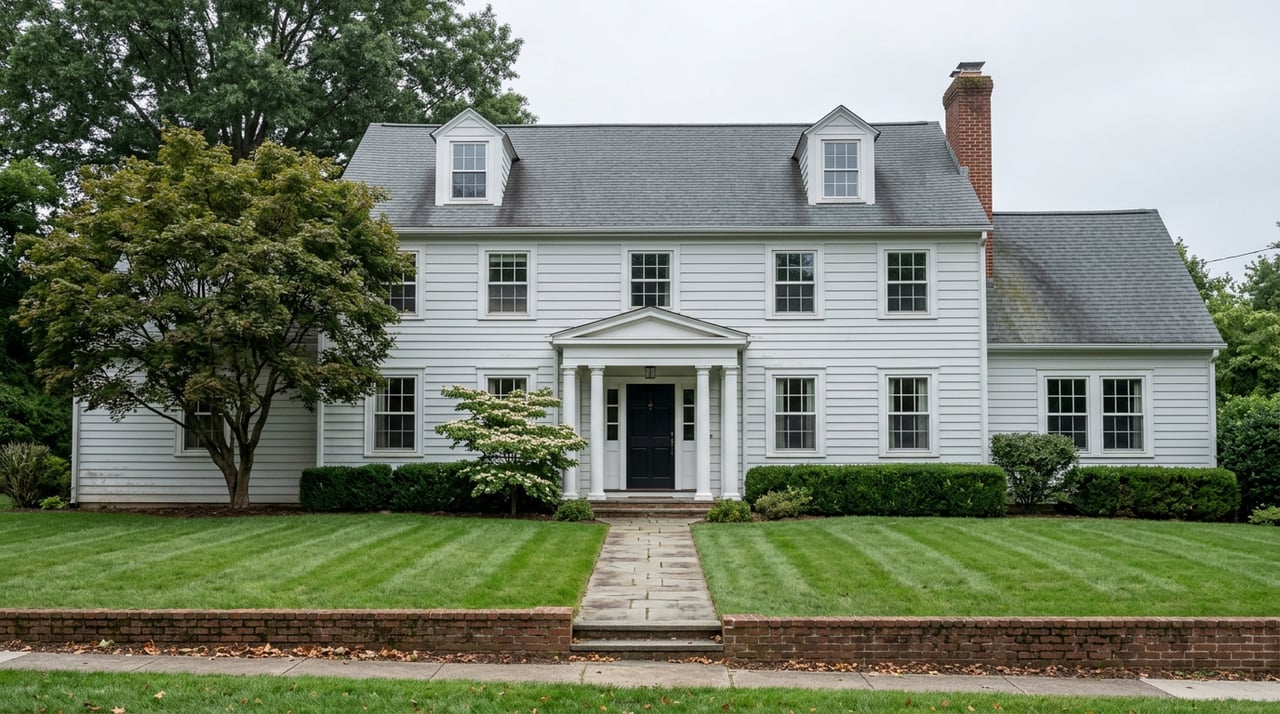 Two-story white clapboard house with columned portico, dormers, brick chimney, and broad lawn.