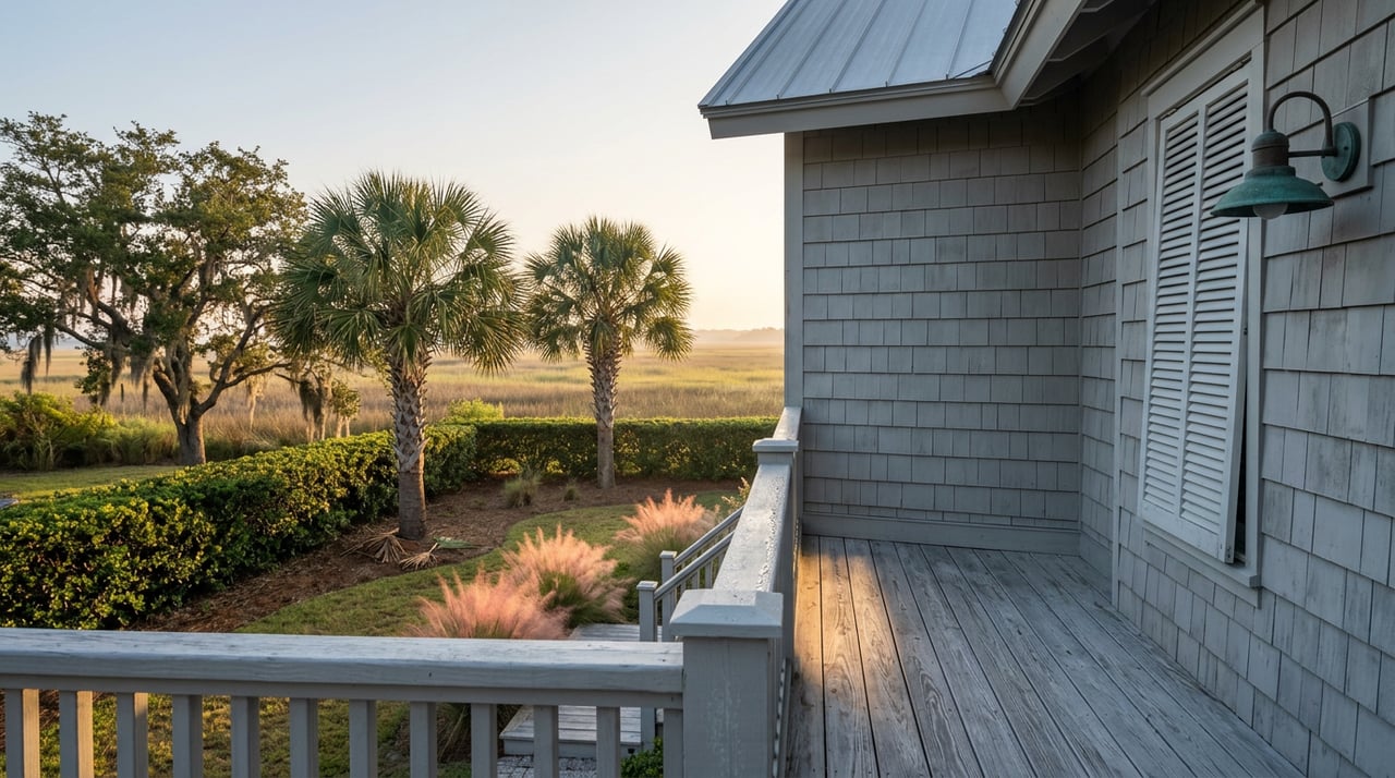 Raised coastal home’s porch overlooks a side yard with palms, a moss-draped live oak, and marsh grass.