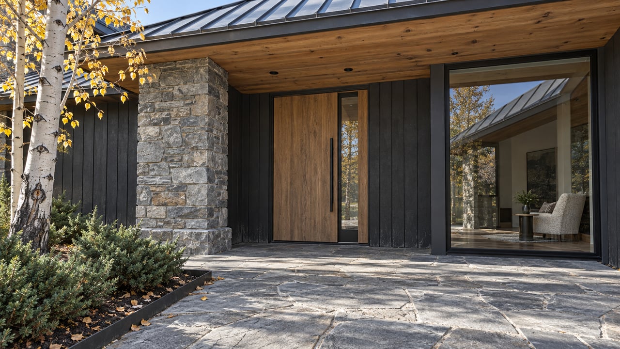 Charcoal-sided contemporary home entry with cedar soffit, gray stone pier, black-framed glazing and autumn aspen beside a stone landing.