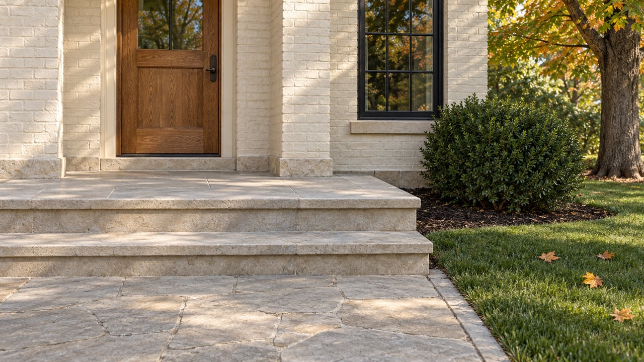 Oak entrance door and black-trim window in ivory painted brick above weathered limestone steps, beside clipped yew and an autumn lawn.