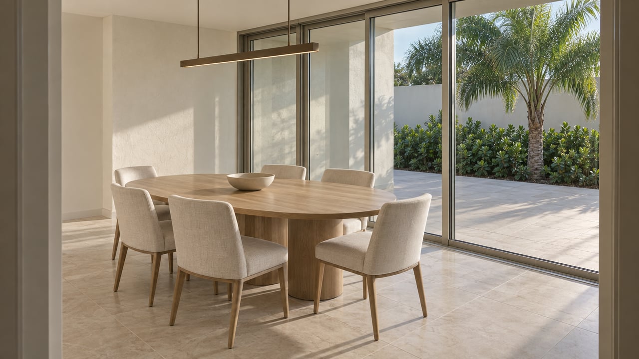 Dining room with oval oak table, cream chairs, and palm beyond glass sliding doors.