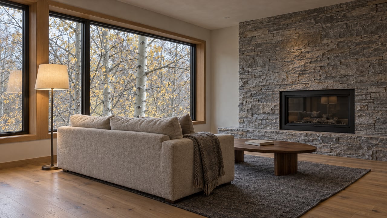 Quiet contemporary living room with oak flooring, a gray stone fireplace, wool sofa, and closed windows overlooking bare aspen branches.