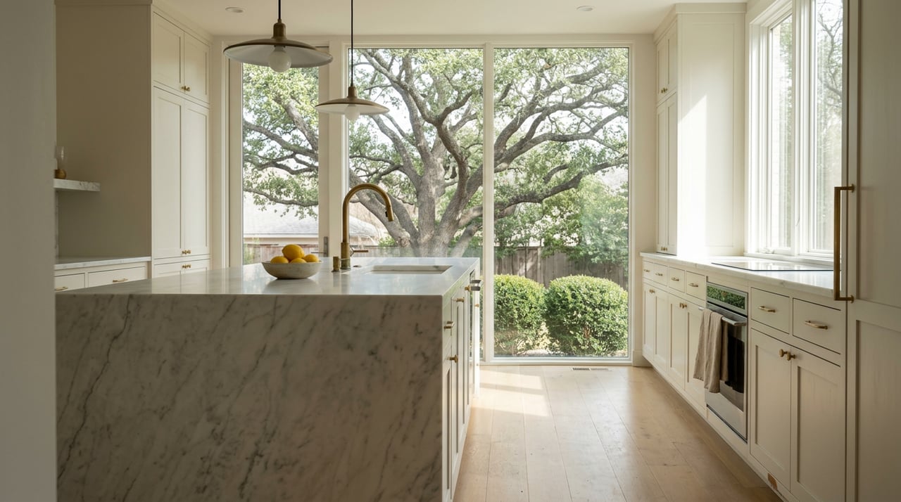 White kitchen with a veined marble island, brass faucet, lemon bowl, and live oak visible through the window.
