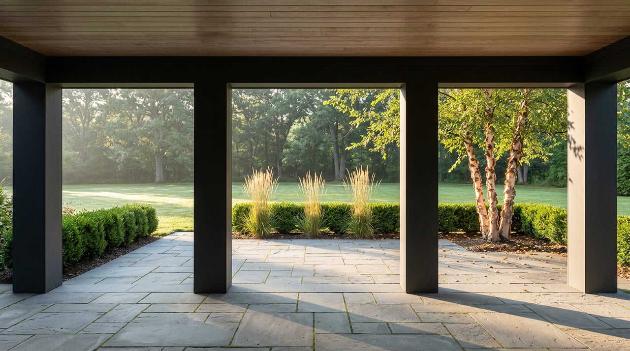 Bluestone breezeway opens onto a garden court with lawn, river birch, and a tree-lined backdrop.
