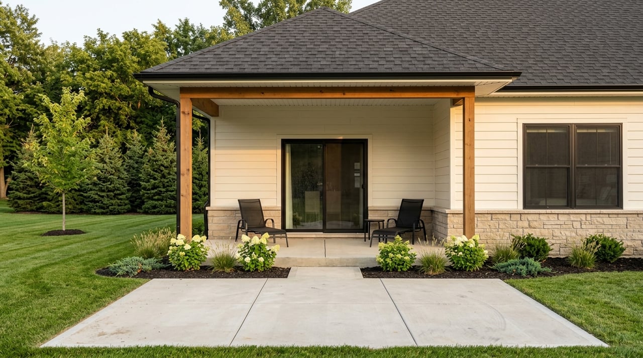 New-construction rear exterior with a covered patio, sliding door, and planted privacy row.