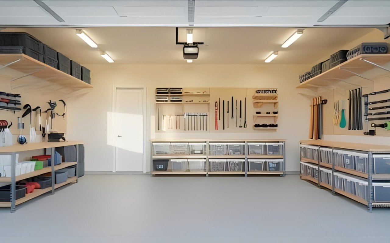 Organized garage with wall-mounted tool racks, storage bins, and overhead shelving.
