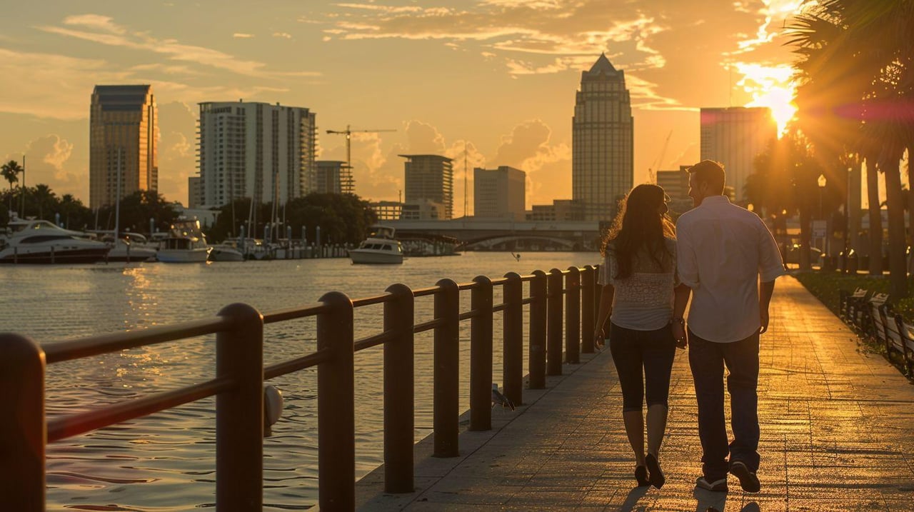 Visitors enjoying an evening stroll along the Tampa Riverwalk at sunset.