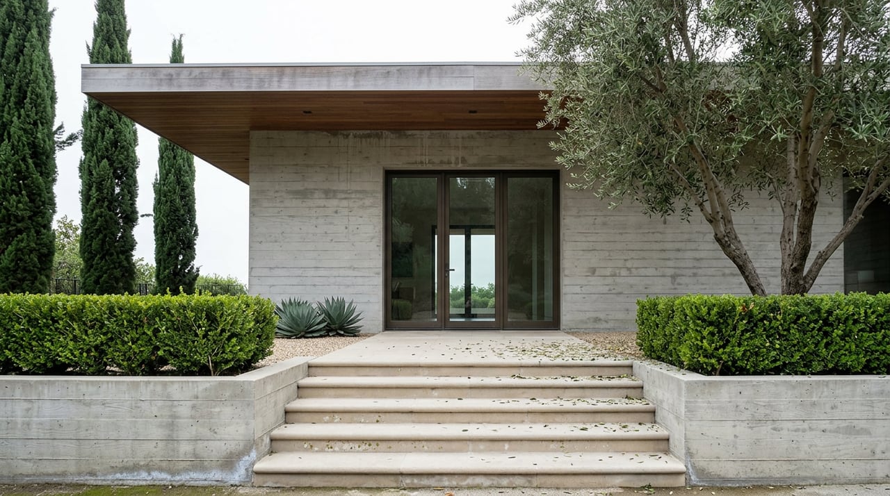 Limestone stairs rise to a concrete home’s glass entry, framed by boxwood hedges, an olive tree, and broad wood eaves.