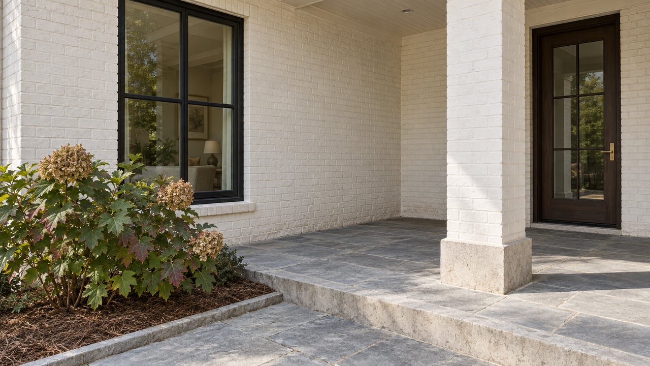 Sunlit painted-brick porch with a black-framed window, dark oak glazed door, bluestone steps and an autumn oakleaf hydrangea.