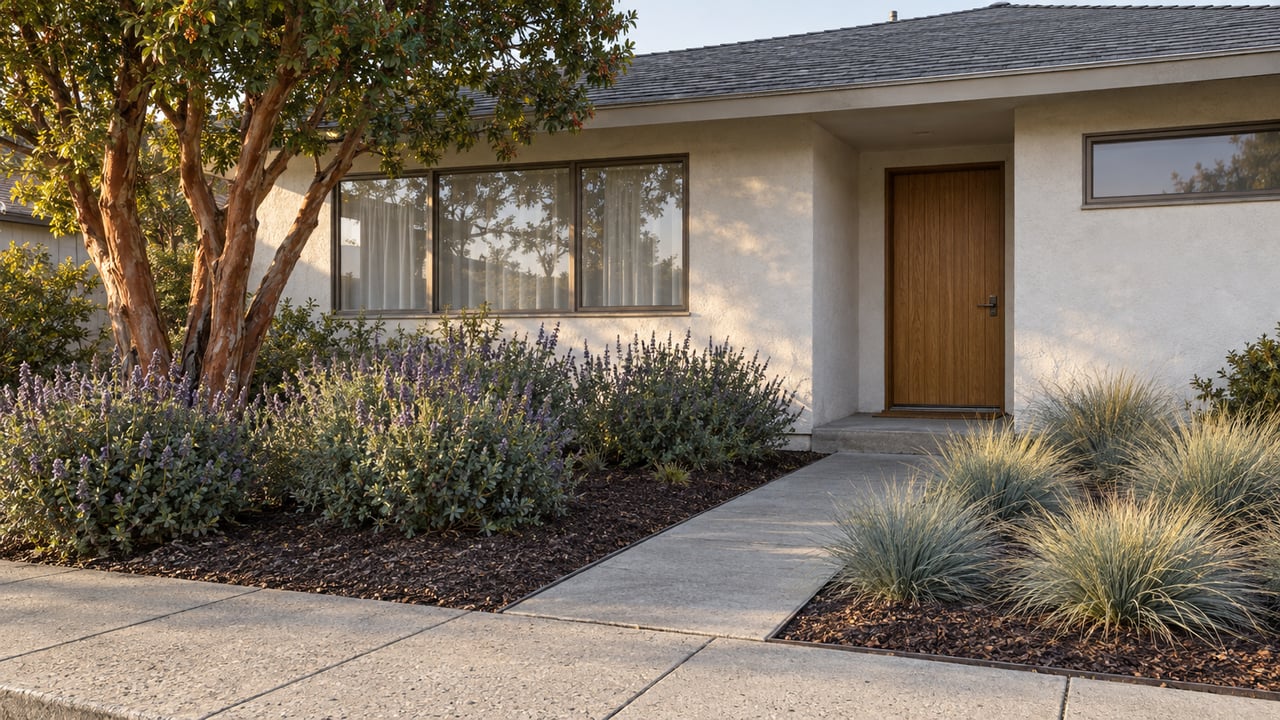 Low stucco home with bronze-framed windows, a recessed oak entry, and a concrete walk through a planted front garden.