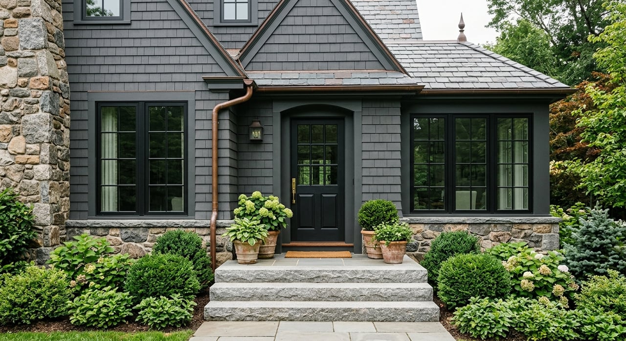 Navy paneled front door framed by silver-gray shingles, with granite steps and clipped shrubs.
