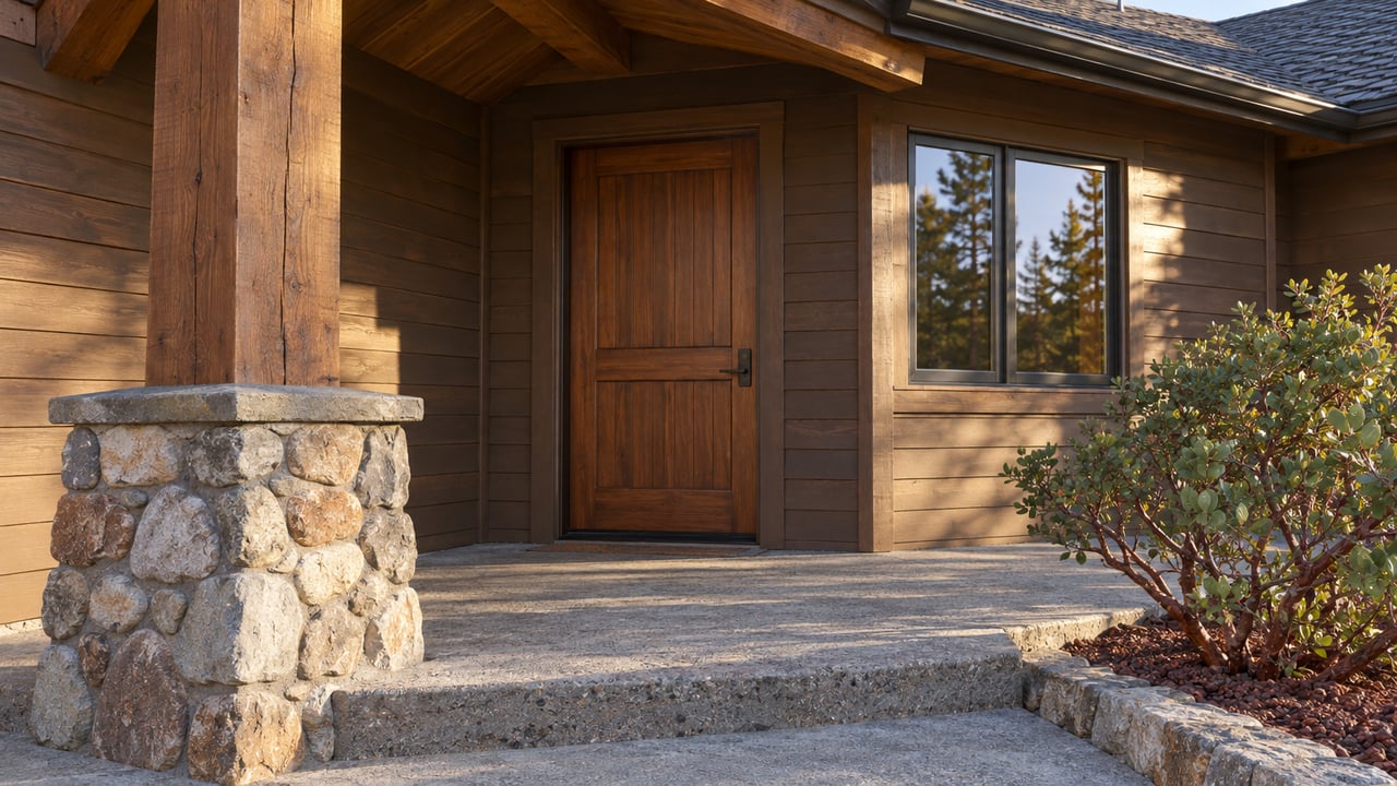 Timber-sided home's covered entry with a checked wood post, river-rock pedestal, concrete steps and a red-branched manzanita.