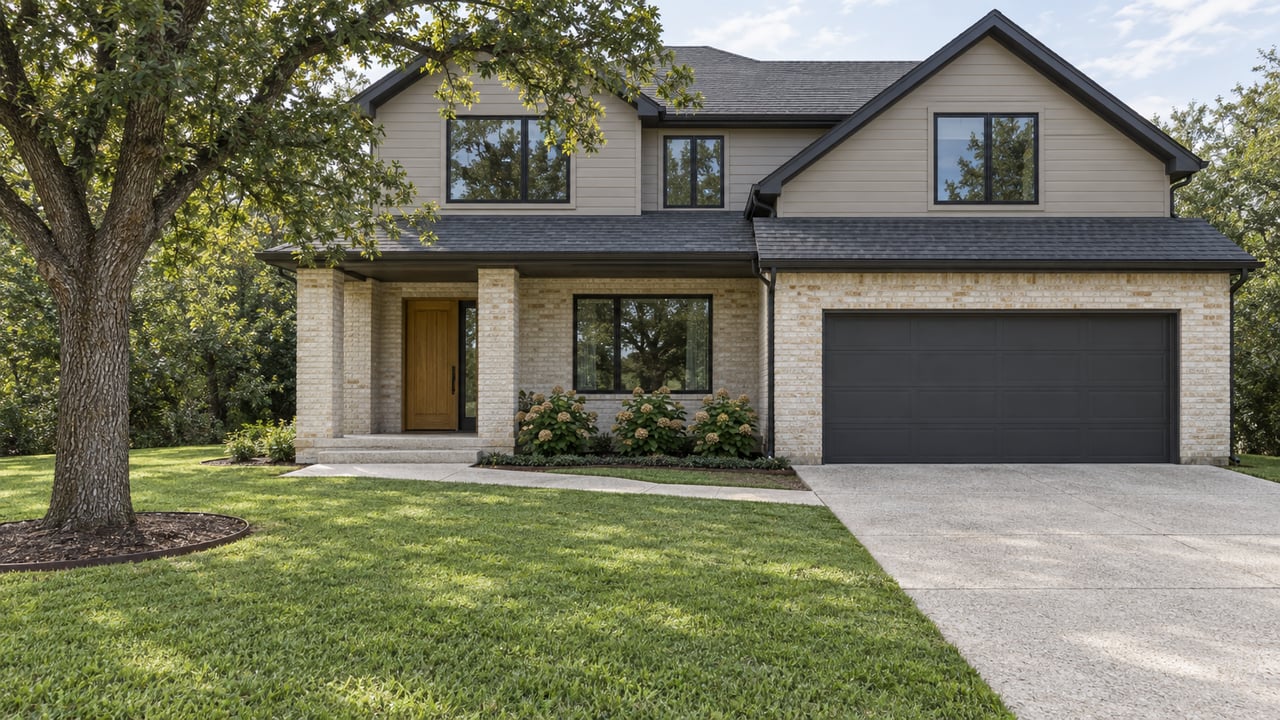 Two-story ivory brick and taupe-sided home with a recessed oak entry, charcoal garage door and deep lawn beside a mature oak.