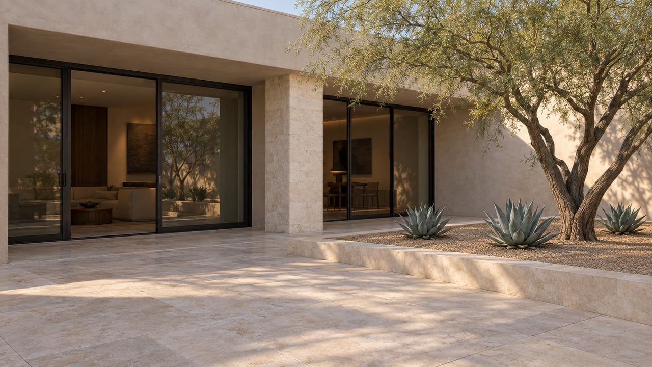 Desert-modern home with closed black-framed glass doors, a spreading tree, and agaves beside a limestone-paved courtyard.