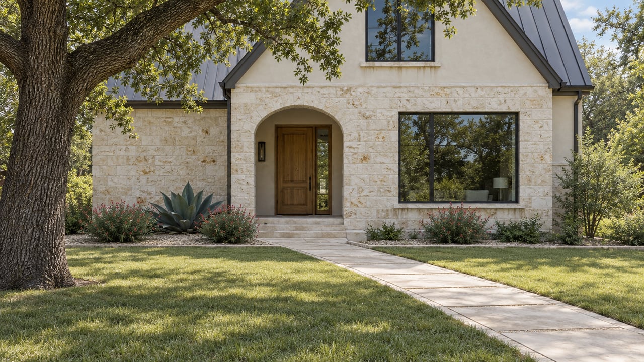 Limestone and pale stucco home with an arched oak entry, broad front lawn, and established live oak.