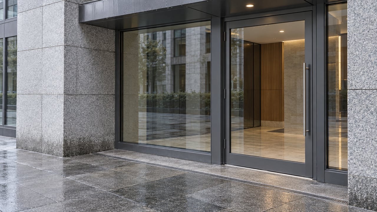 Rain-darkened granite paving leads to a closed glass entrance beneath a charcoal steel canopy, with pale stone walls and a softly lit residential lobby.