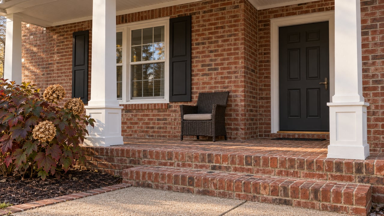 Red-brick home porch with white square columns, a charcoal front door, paired black shutters, and oakleaf hydrangea beside brick steps.