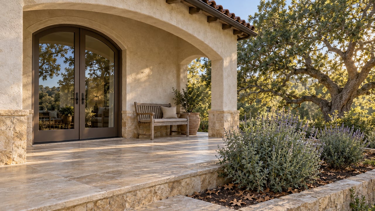 Cream stucco home with arched bronze-framed glass doors, limestone terrace, teak bench and a mature valley oak beside a stone-edged garden.