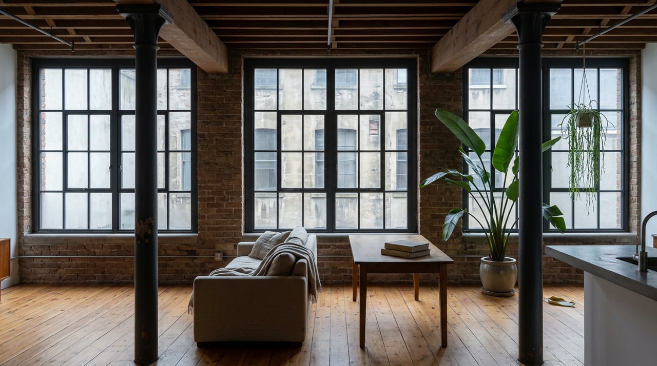 Converted loft with cast-iron columns, a linen sofa, steel-sash windows, and a broad-leaved plant beside the glass.