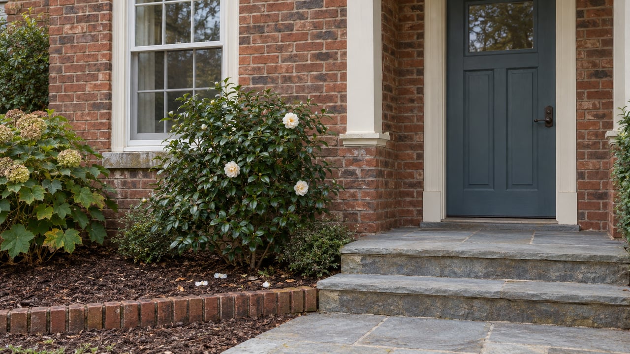 Red-brown brick entry with a slate-blue door, bluestone steps, and flowering camellia beside the window.