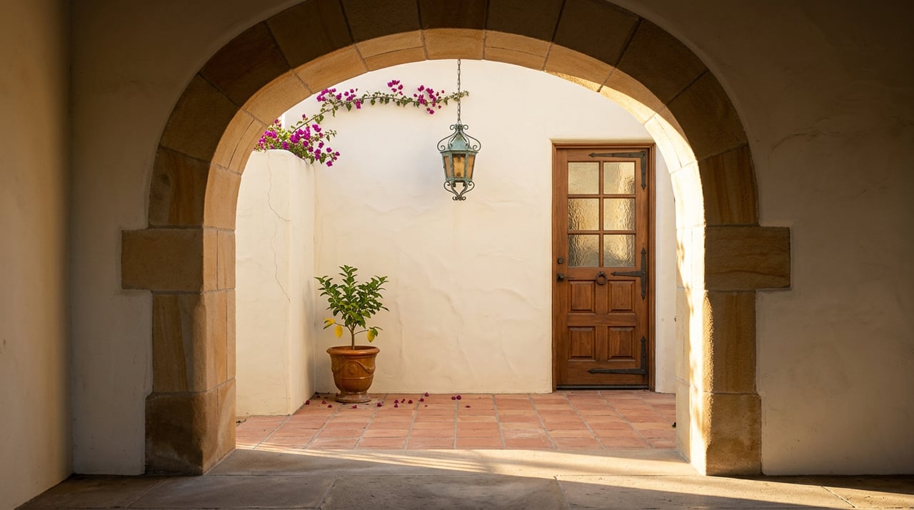 Sandstone archway framing a courtyard with a walnut door, iron lantern, magenta bougainvillea, and terracotta pavers.