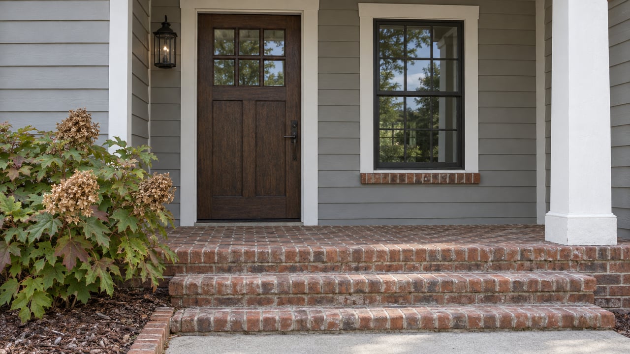 Close view of a gray-sided home's covered entry, with an oak door, divided-light window, weathered brick steps and an oakleaf hydrangea.