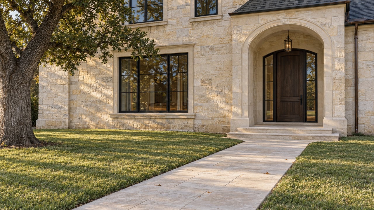 Sunlit limestone home with a recessed arched oak entrance, black-framed windows and a broad stone approach crossing the lawn beneath a mature bur oak.