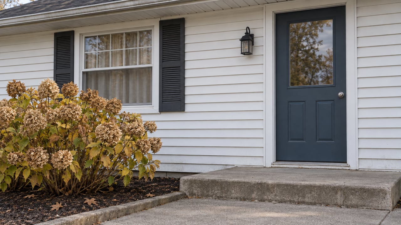 White-sided home entrance with paired dark window shutters, a worn concrete step, and a hydrangea with dried autumn blooms.